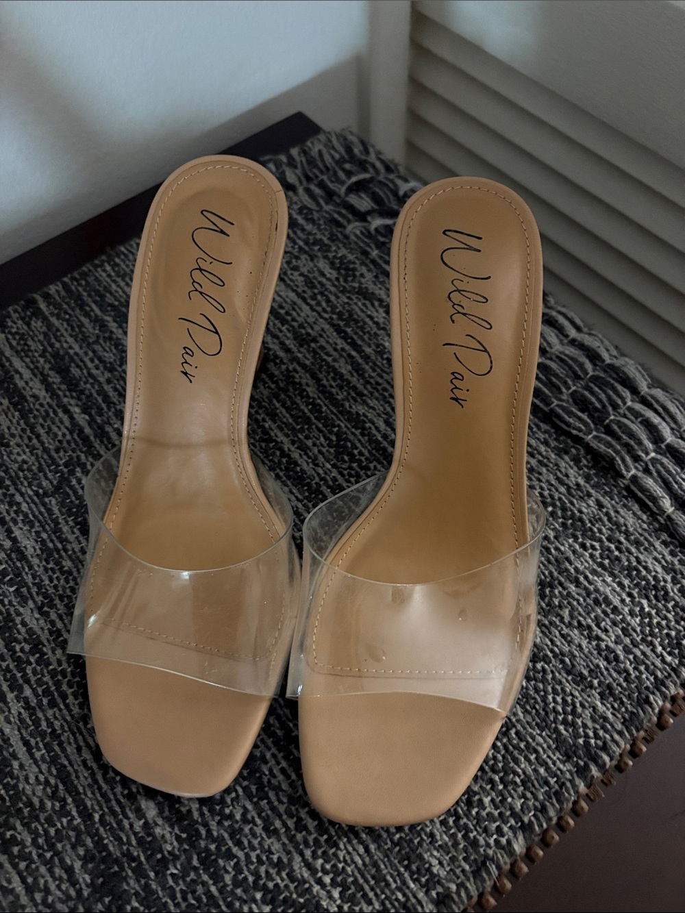 Wild Pair Nude Clear Strap Square Toe Slide Heels
